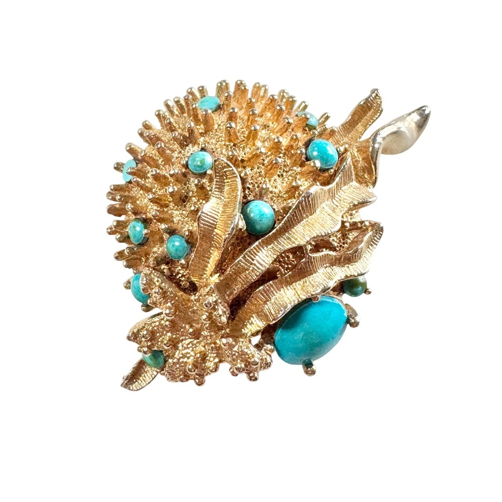 Vintage Emmons Brooch Mid Century Modern Gold Tone Turquoise Blue Bead Brutalist